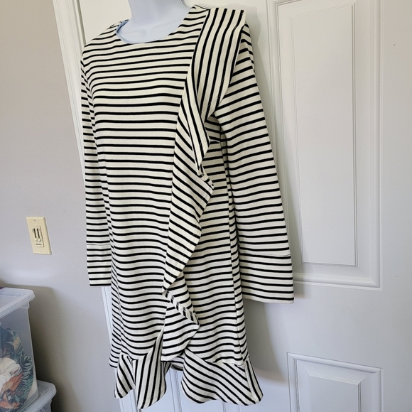 NWT English Factory Black White Striped Long Sleeve Knit Mini Dress Ruffle Small - Picture 2 of 10